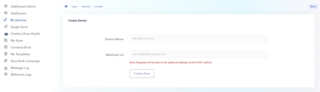 Whatsapp Sender - Whatsapp Bulk Message - Automation - Webhook Address Example